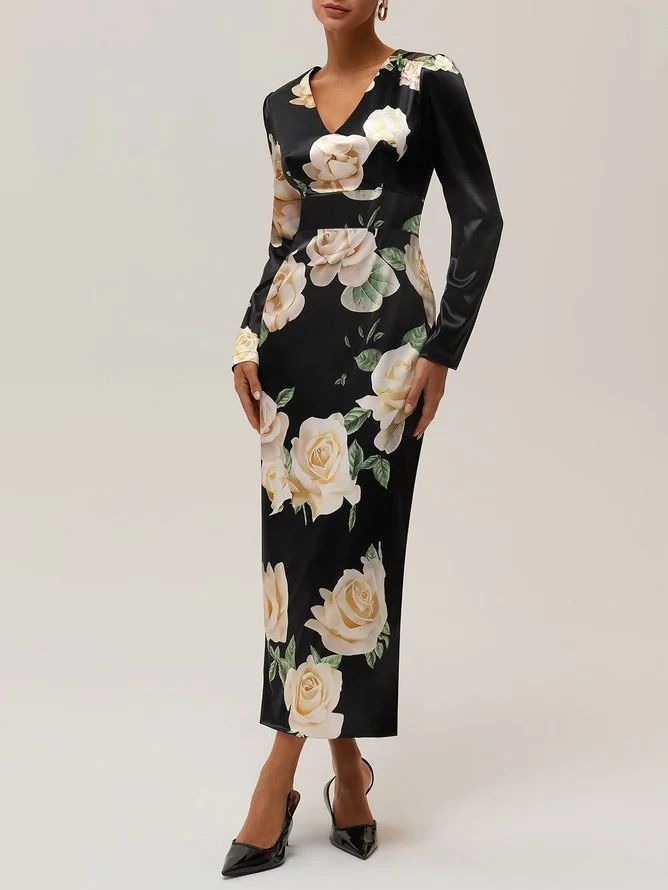 Black Floral V Neck Long Sleeve Sheath Midi Satin Dress