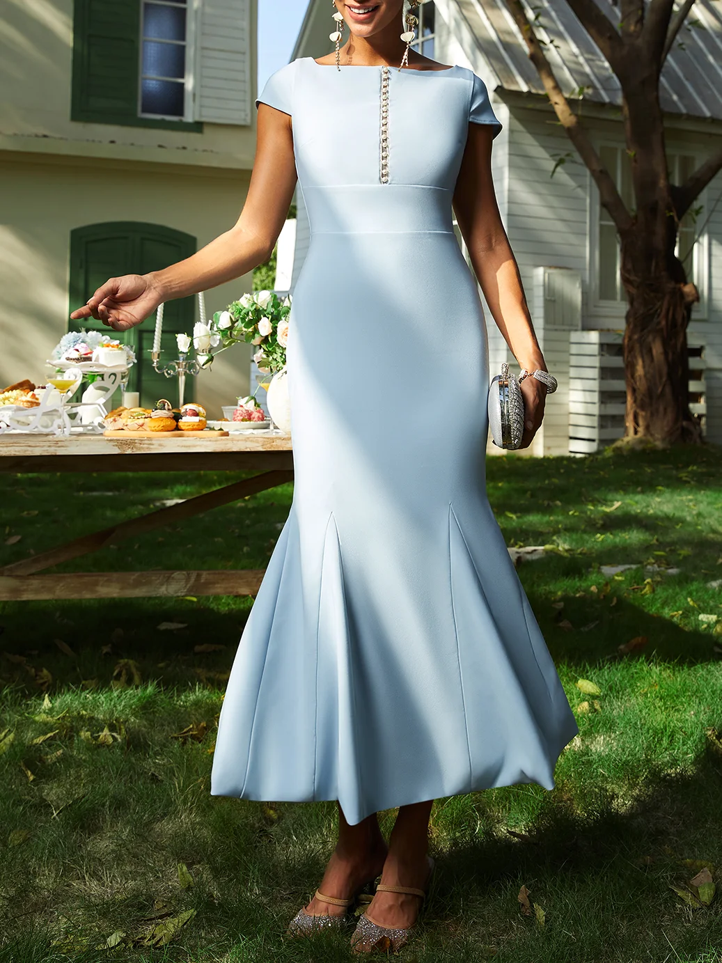 Light Blue Imitation Pearls Square Neck Short Sleeve Maxi Dress