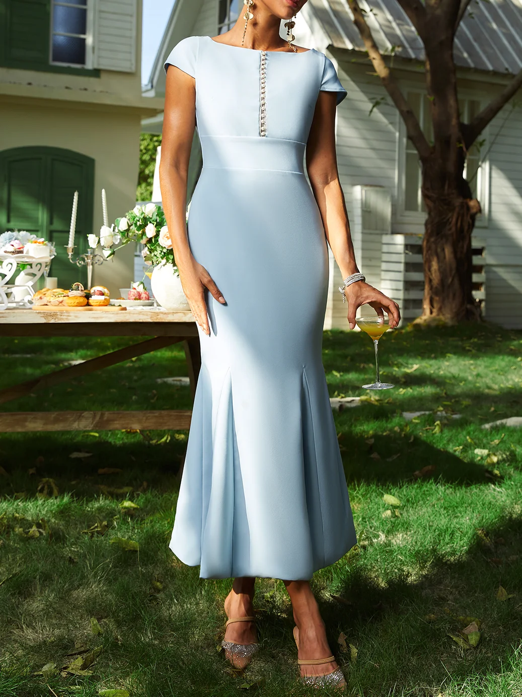 Light Blue Imitation Pearls Classic Square Neck Short Sleeve Sheath Maxi Dress