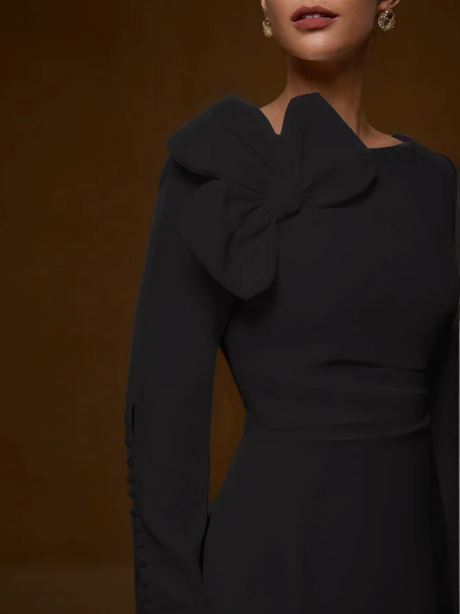 White Bow Long Sleeve Sheath Midi Dress