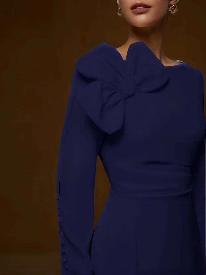 White Bow Long Sleeve Sheath Midi Dress