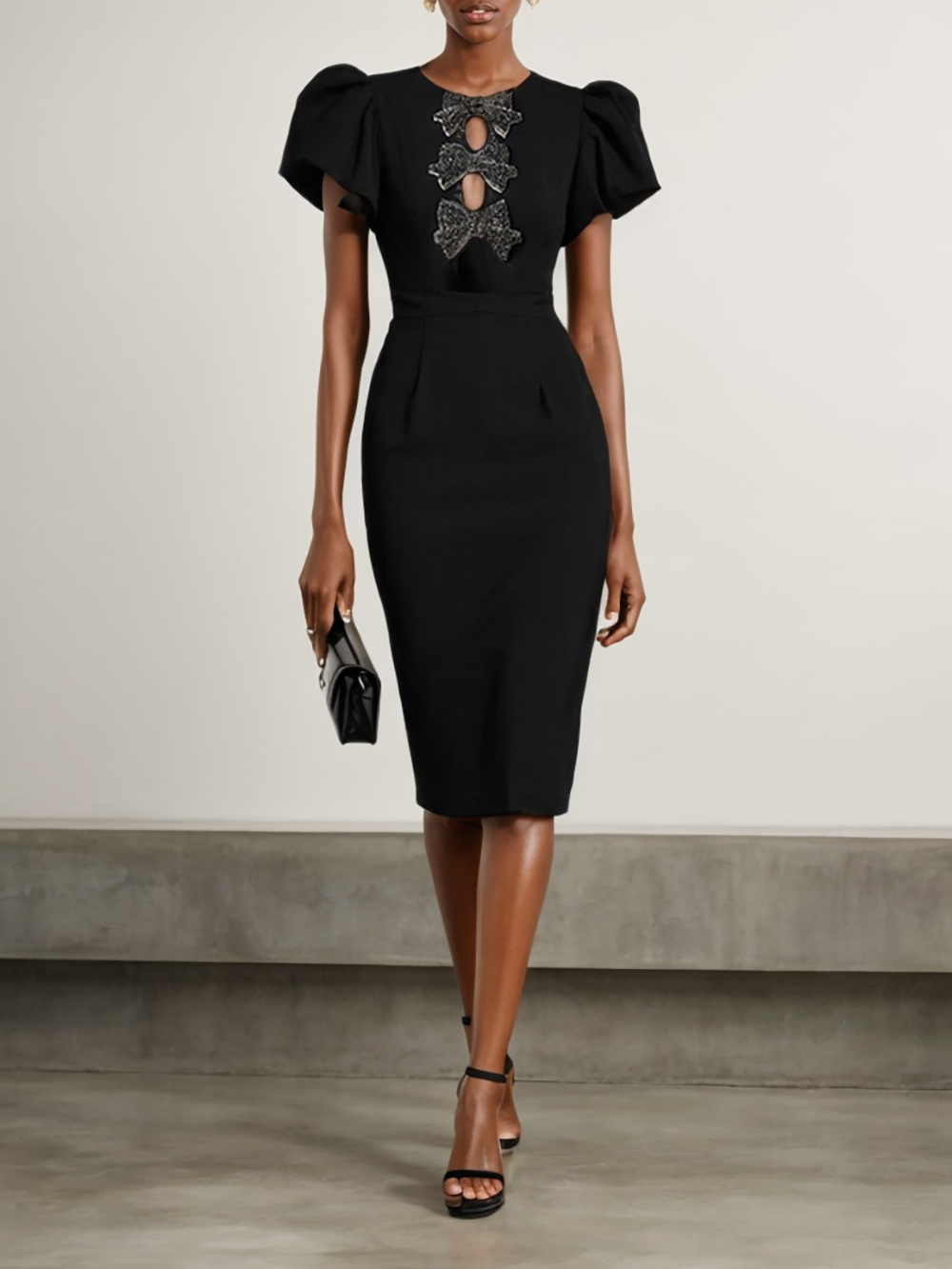 BLACK PUFF SLEEVE DRESS W/FOOTBALL BOW  - L