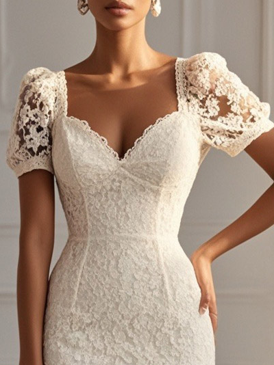 Off White Sweetheart Neckline Sheath Midi Lace Dress