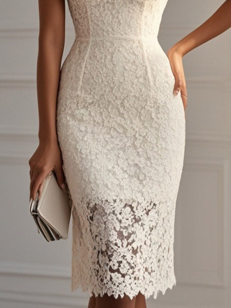 Off White Sweetheart Neckline Sheath Midi Lace Dress