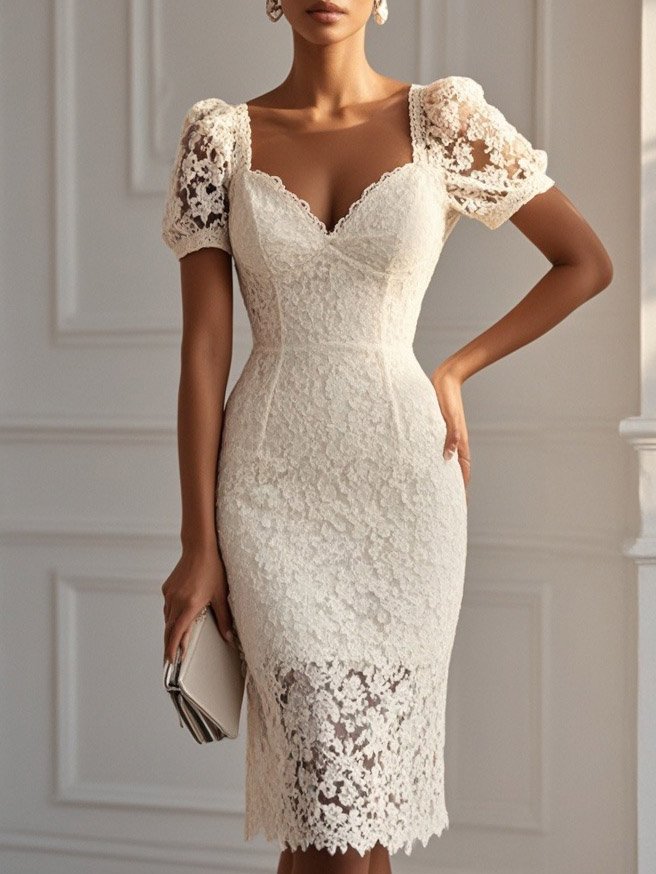 Off White Sweetheart Neckline Sheath Midi Lace Dress