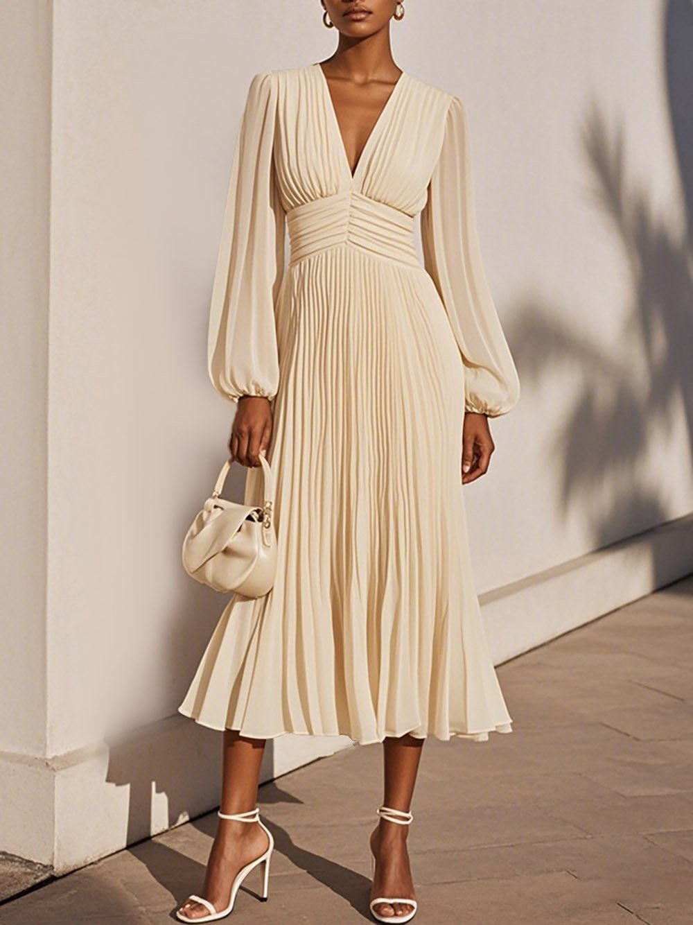 Beige Ruched Balloon Sleeve A-Line Maxi Chiffon Dress