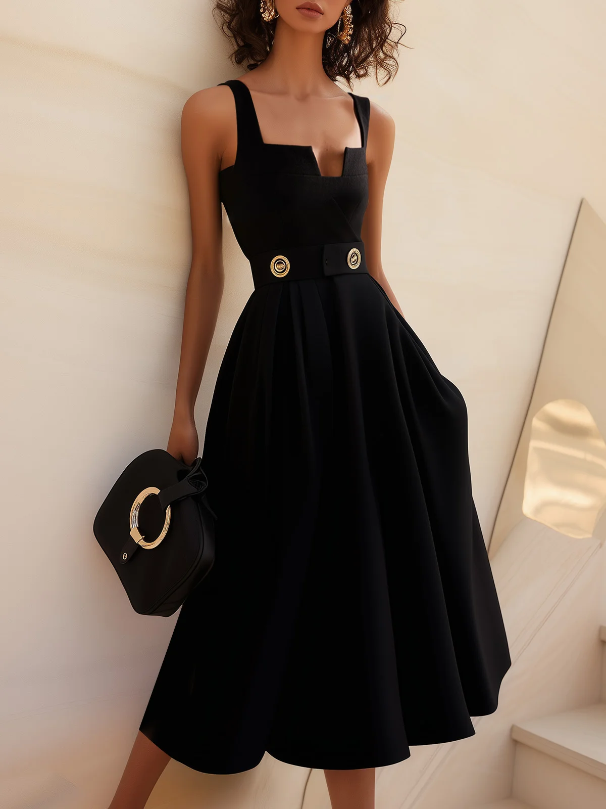 Black Buckle Notched Sleeveless A-Line Midi Dress