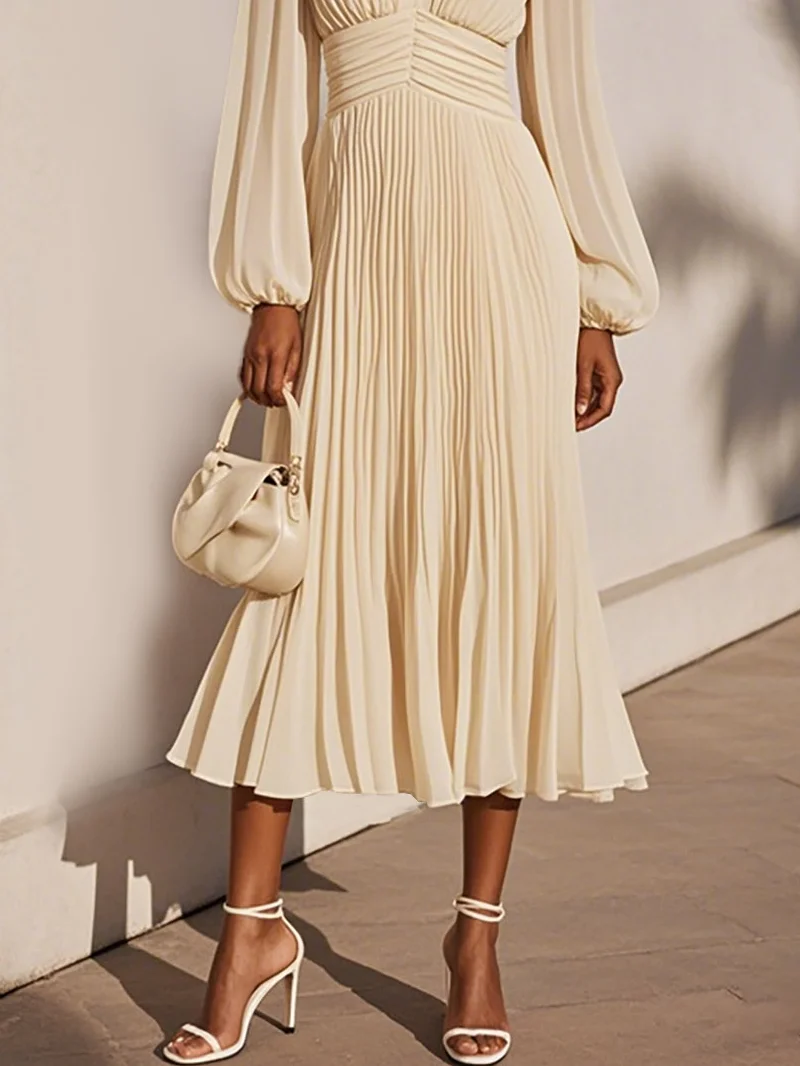 Beige Ruched Balloon Sleeve A-Line Maxi Chiffon Dress