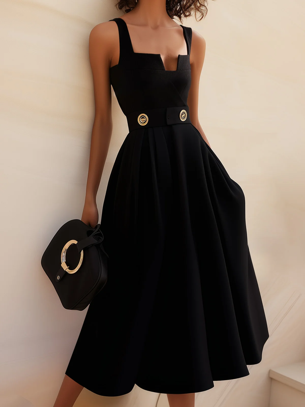 Black Buckle Notched Sleeveless A-Line Midi Dress