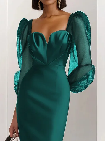Black Mesh Satin Sweetheart Neckline Long Sleeve Balloon Sleeve Sheath Midi Dress