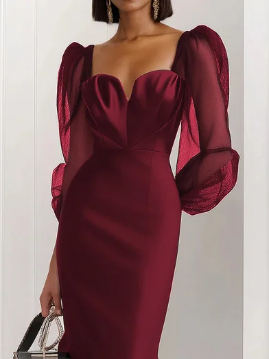 Black Mesh Satin Sweetheart Neckline Long Sleeve Balloon Sleeve Sheath Midi Dress