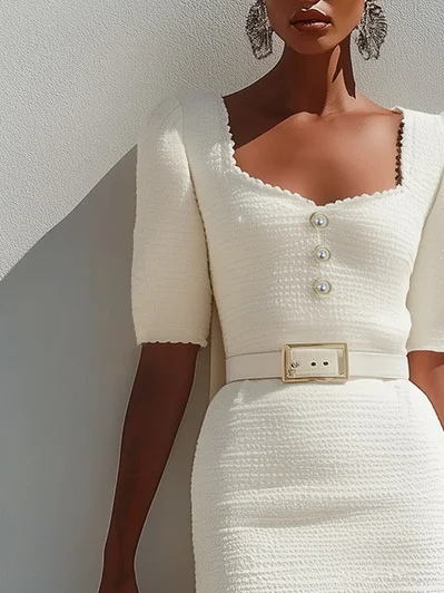 White Buckle Tweed Sweetheart Neckline Long Sleeve Sheath Midi Dress