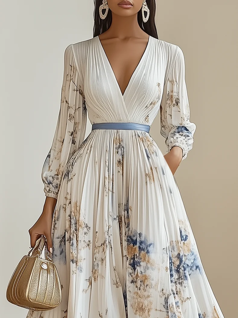 White Pleated Chiffon V Neck Floral Long Sleeve Balloon Sleeve A-Line Maxi Dress