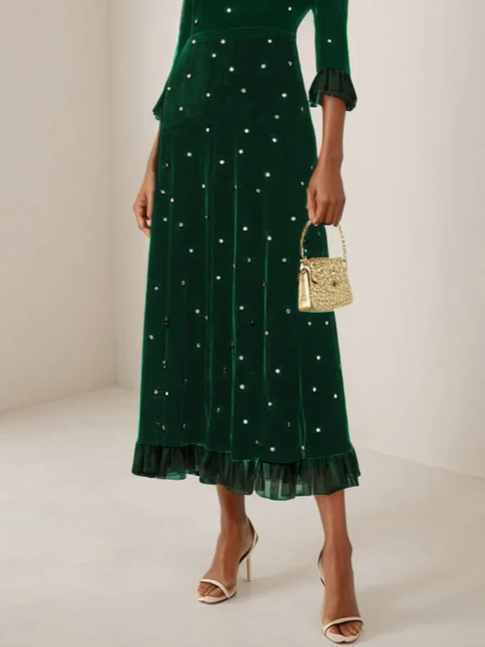 Black Beaded Ruffled Mock Neck Three Quarter Sleeve A-Line Maxi Velvet Dress