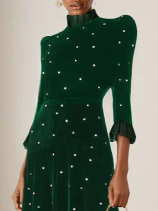 Black Beaded Ruffled Mock Neck Three Quarter Sleeve A-Line Maxi Velvet Dress