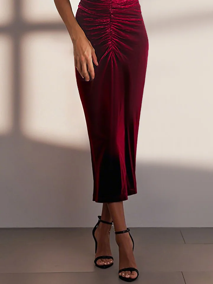 Wine Red Ruched 3D Floral V Neck Sheath Midi Velvet Dress