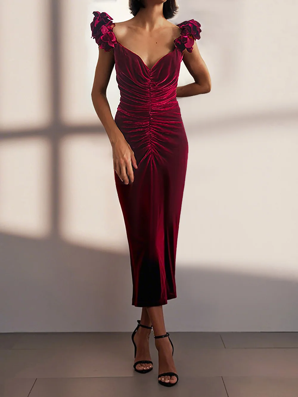 Wine Red Ruched 3D Floral V Neck Sheath Midi Velvet Dress