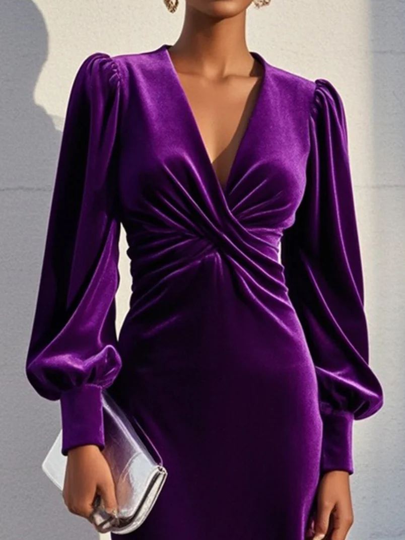 Purple Cross Ruched Velvet V Neck Long Sleeve Puff Sleeve Sheath Midi Dress