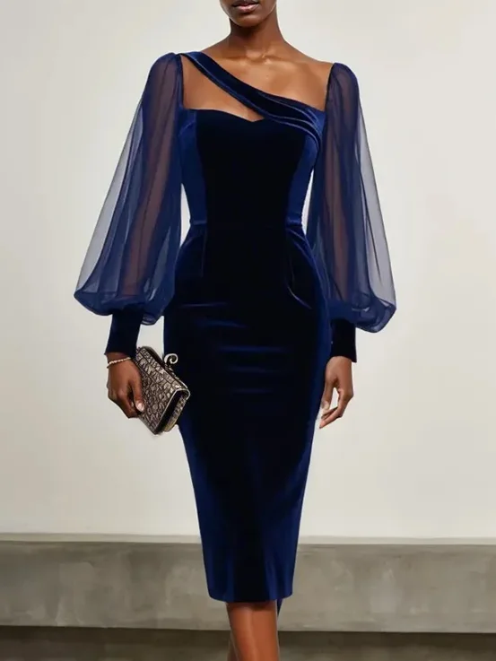 Purplish Blue Balloon Sleeve Sheath Midi Velvet Dress