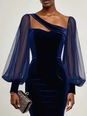 Purplish Blue Balloon Sleeve Sheath Midi Velvet Dress