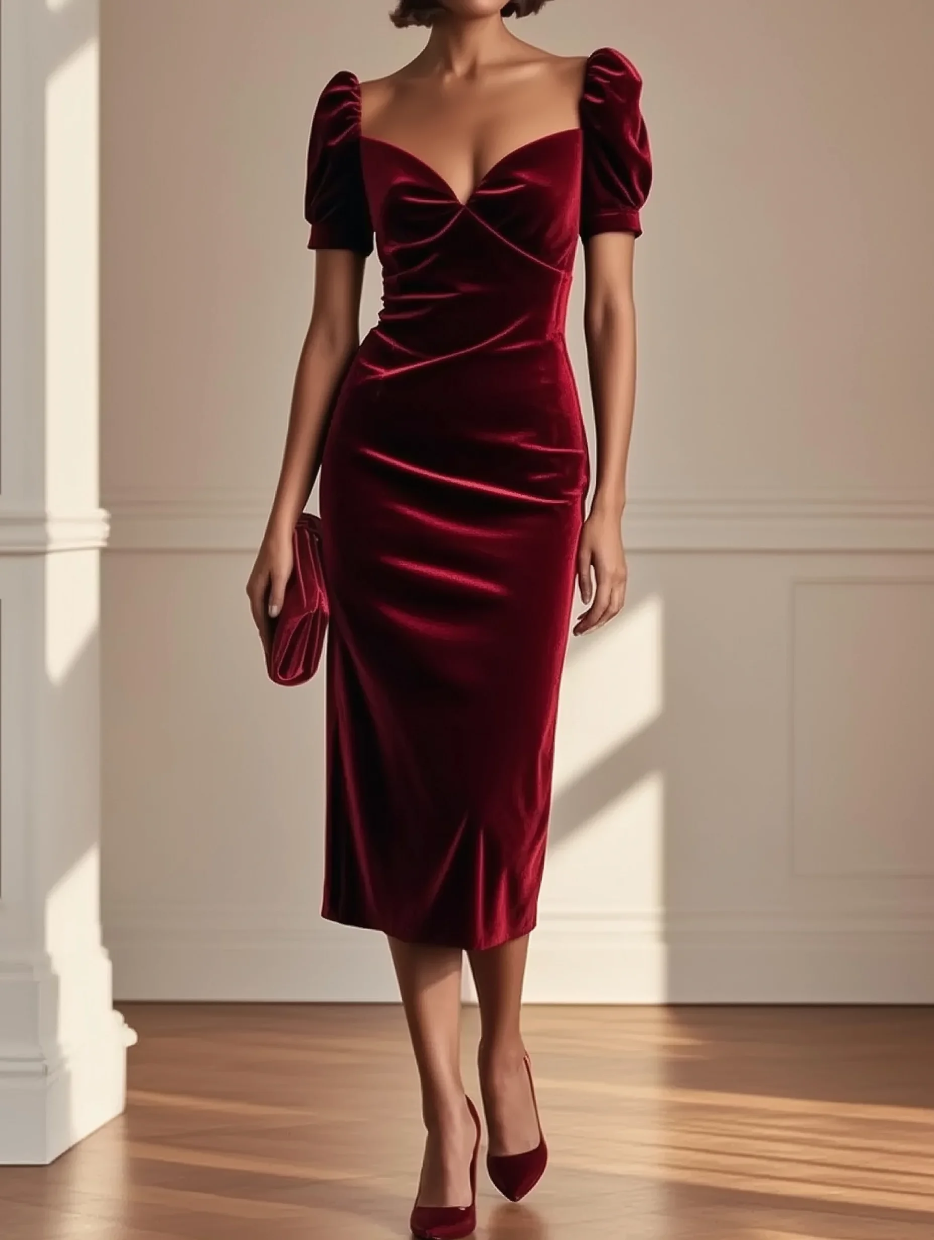 Wine Red Velvet Sweetheart Neckline Short Sleeve Puff Sleeve Sheath Midi Dress