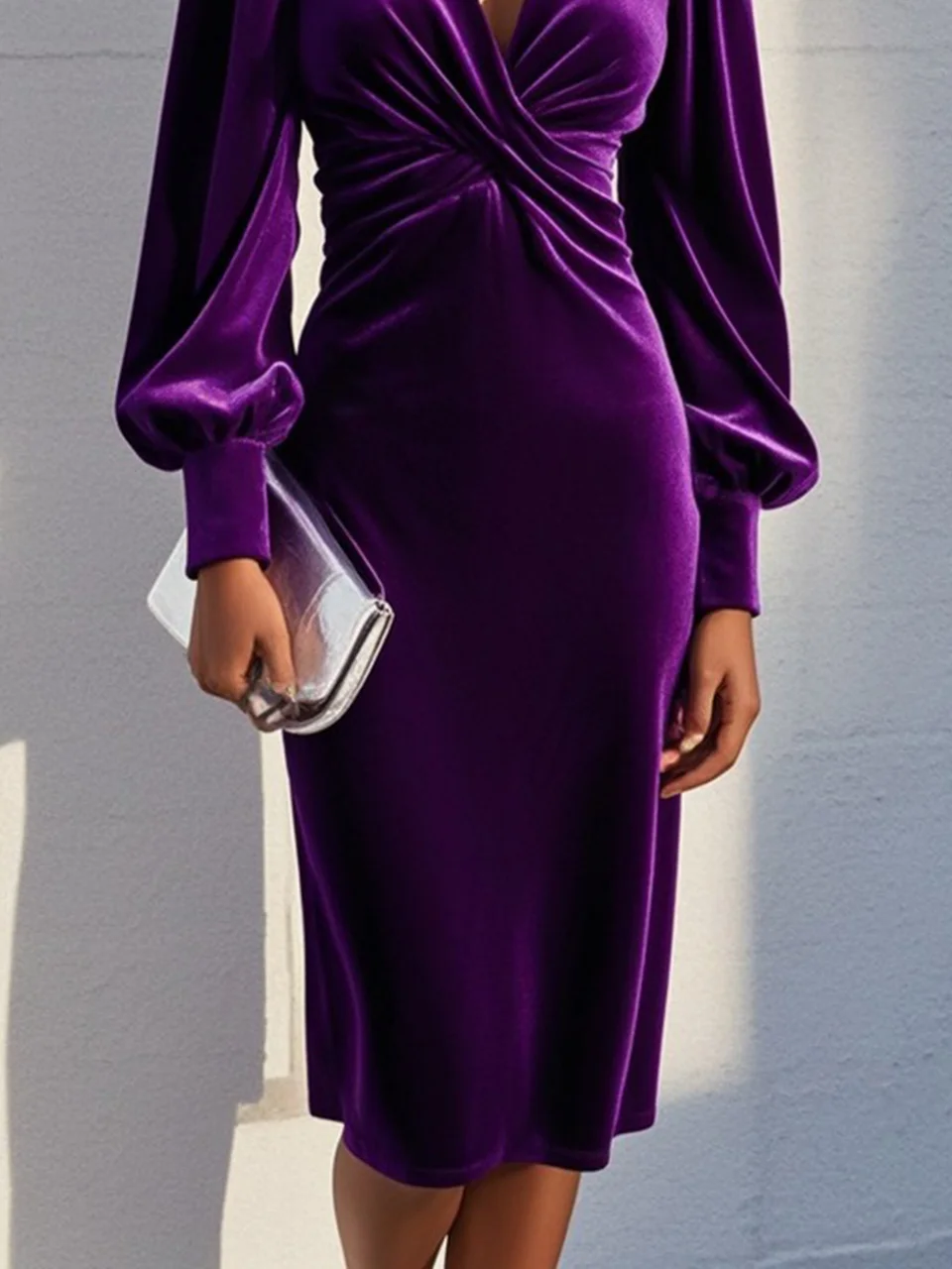 Purple Cross Ruched Velvet V Neck Long Sleeve Puff Sleeve Sheath Midi Dress