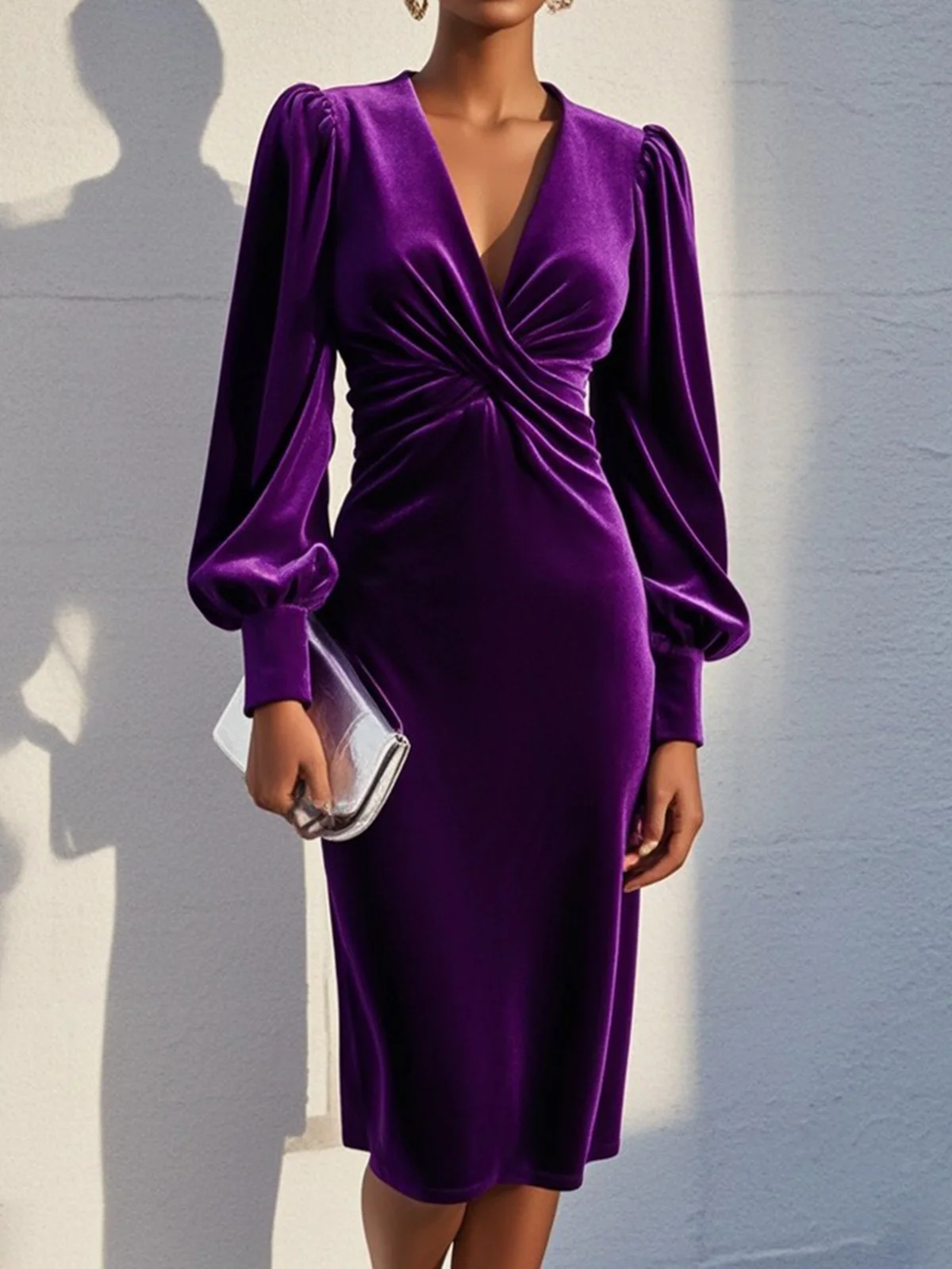 Purple Cross Ruched Velvet V Neck Long Sleeve Puff Sleeve Sheath Midi Dress