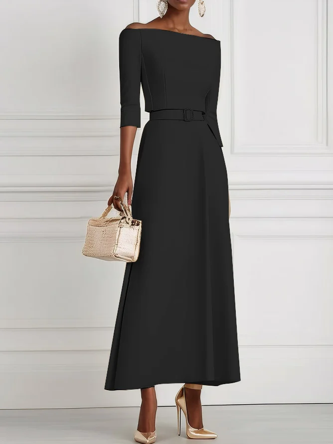 Black Classic Off The Shoulder Half Sleeve A-Line Maxi Dress