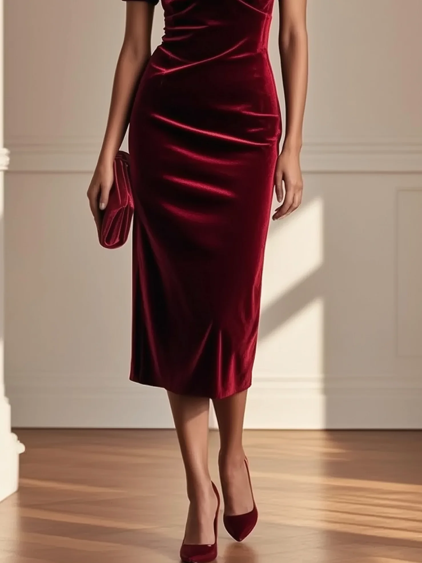 Wine Red Velvet Sweetheart Neckline Short Sleeve Puff Sleeve Sheath Midi Dress