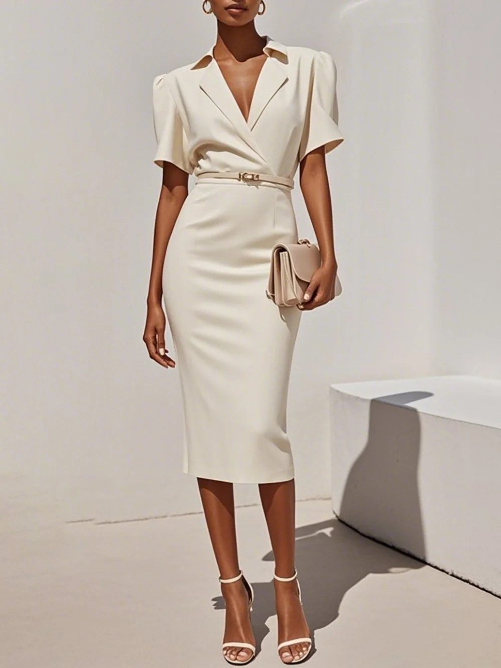 Off White Lapel Collar Sheath Midi Blazer Dress