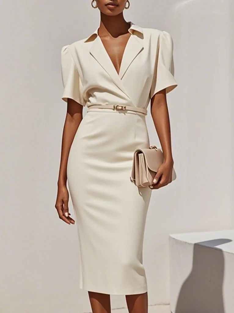 Off White Lapel Collar Sheath Midi Blazer Dress