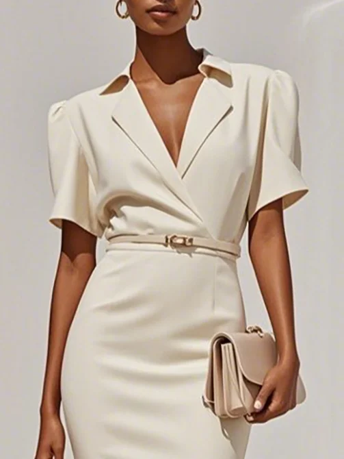 Off White Lapel Collar Sheath Midi Blazer Dress