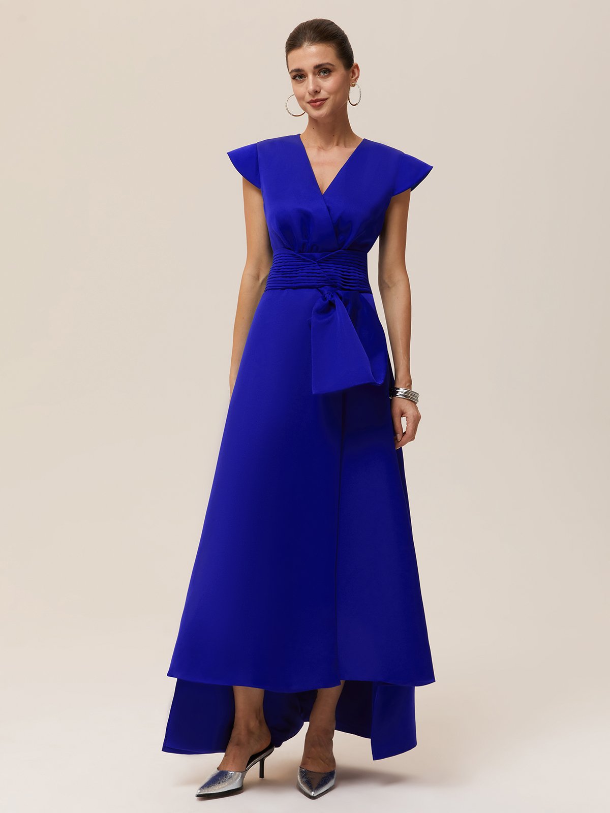 Dark Blue Ruched Bow Satin V Neck Cap Sleeve A-Line Maxi Dress