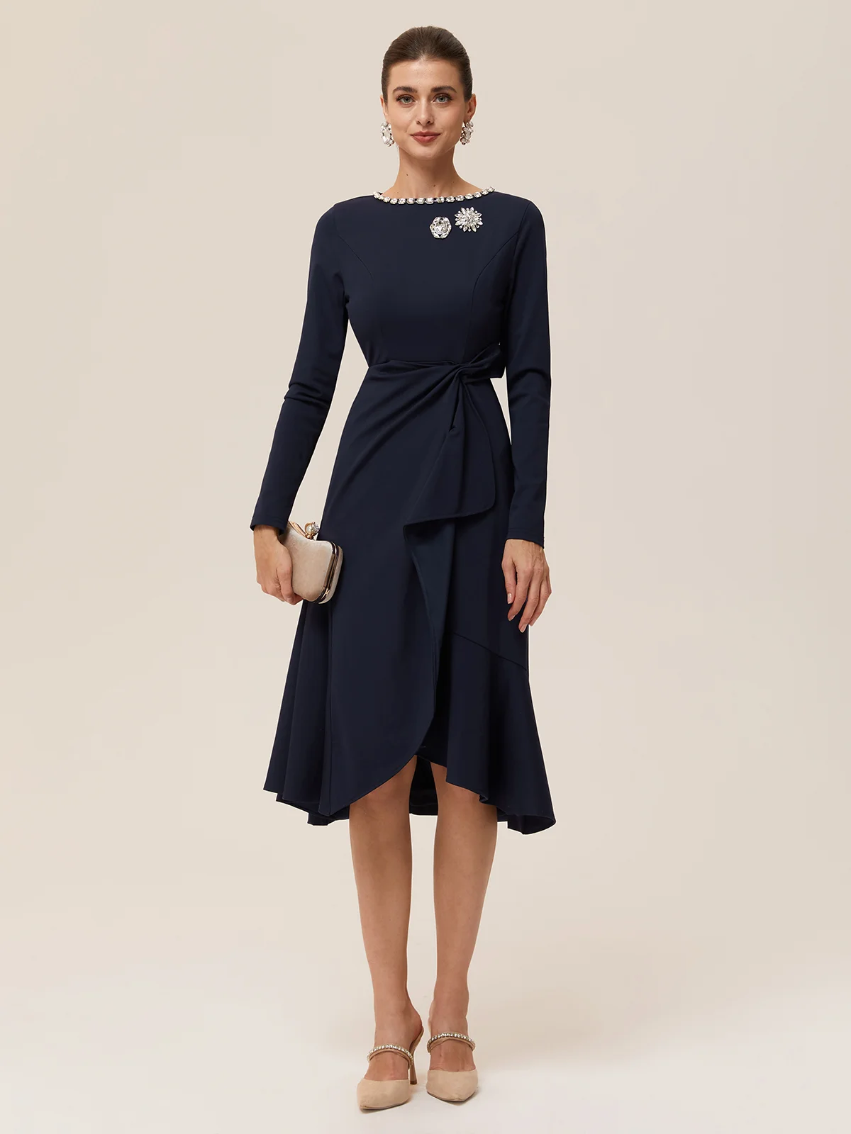 Navy Blue Rhinestone A-Line Midi Dress