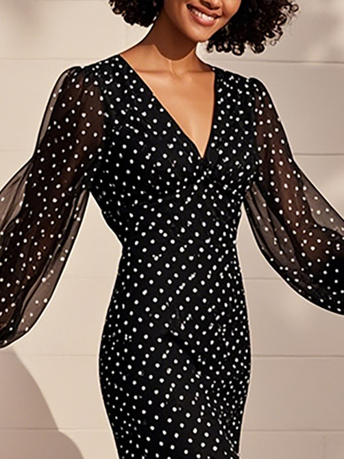 Black Polka Dots V Neck Balloon Sleeve Sheath Midi Dress