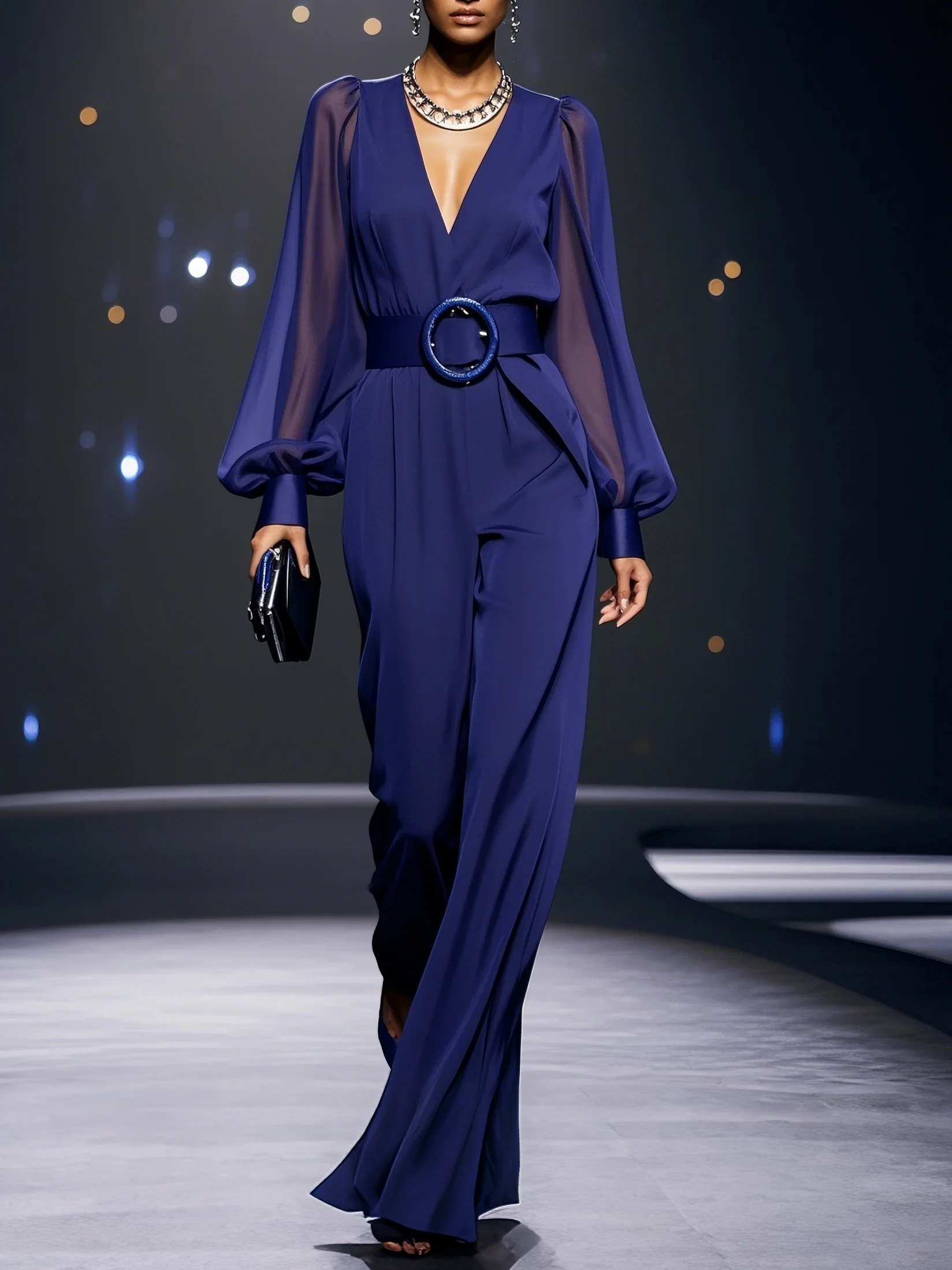 Dark Blue V Neck Balloon Sleeve Chiffon Jumpsuit