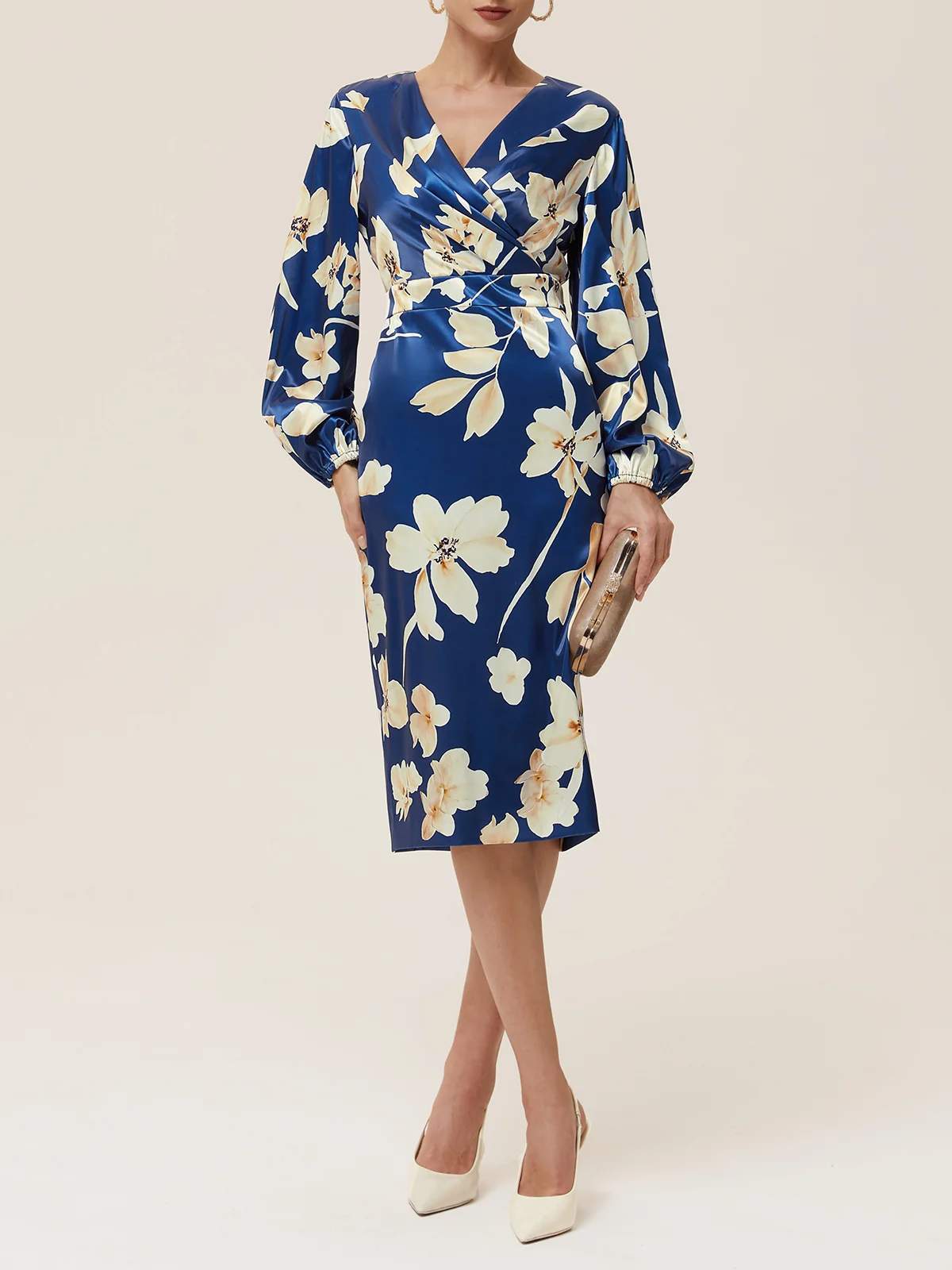 Blue Ruched Floral Balloon Sleeve Sheath Midi Satin Dress