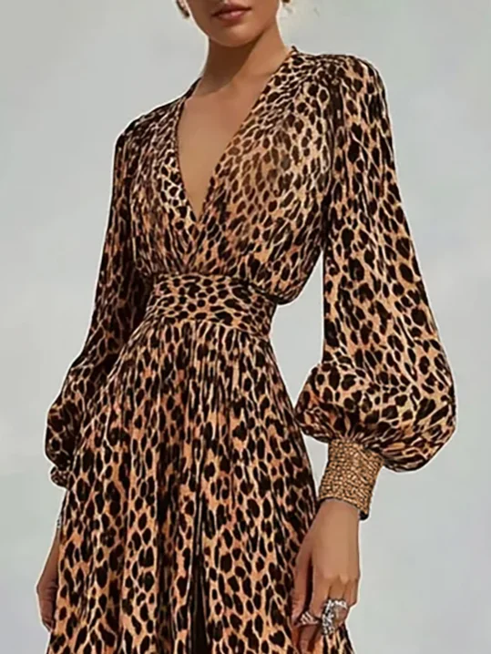 Brown Leopard Glitter V Neck Balloon Sleeve A-Line Maxi Dress