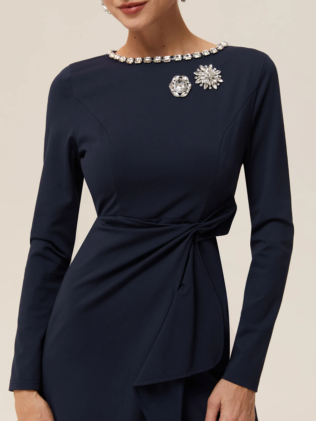 Navy Blue Rhinestone A-Line Midi Dress