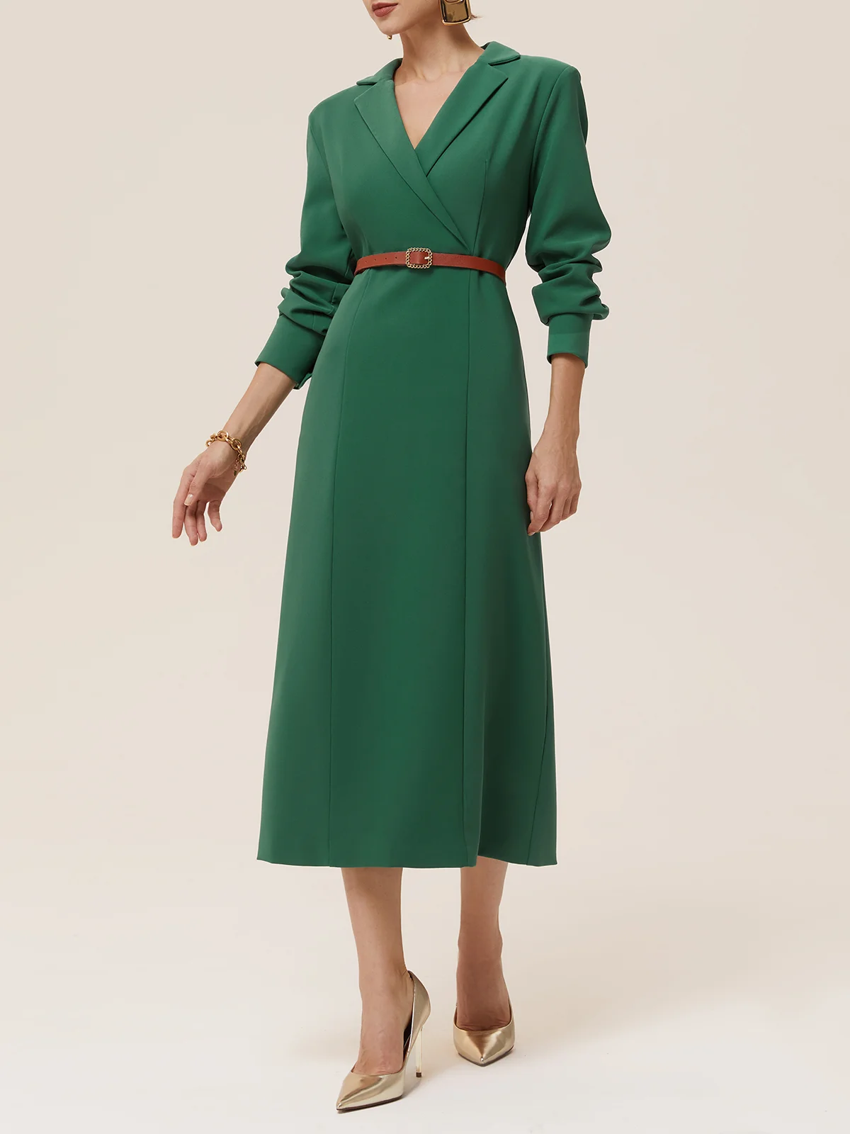 Green Blazer Lapel Collar Long Sleeve Sheath Midi Dress