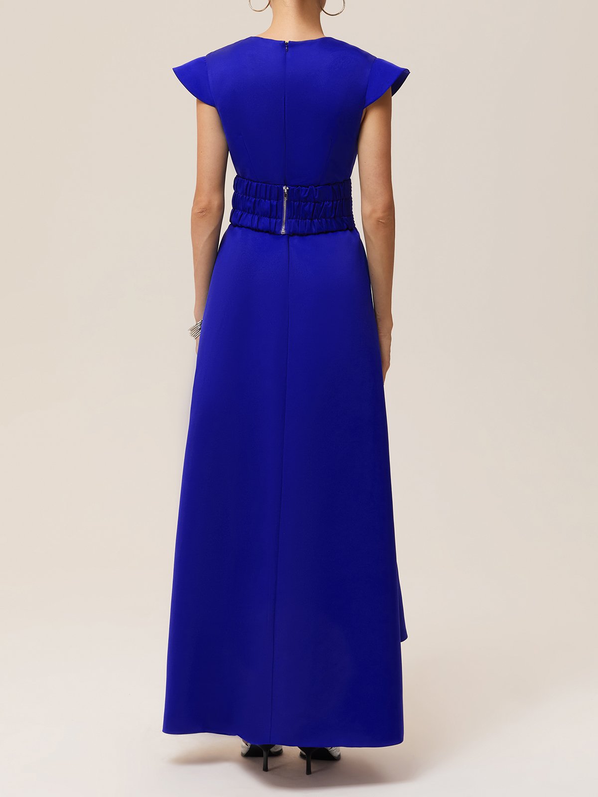 Dark Blue Ruched Bow Satin V Neck Cap Sleeve A-Line Maxi Dress