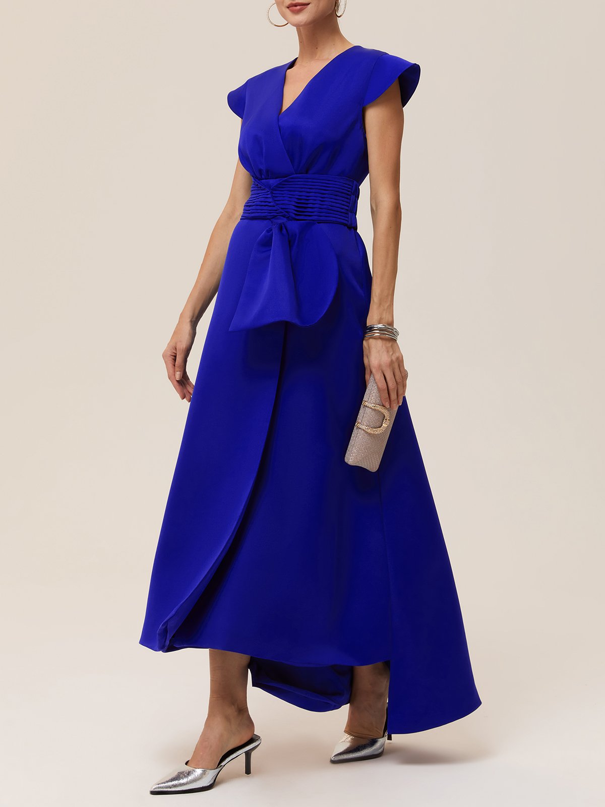 Dark Blue Ruched Bow Satin V Neck Cap Sleeve A-Line Maxi Dress