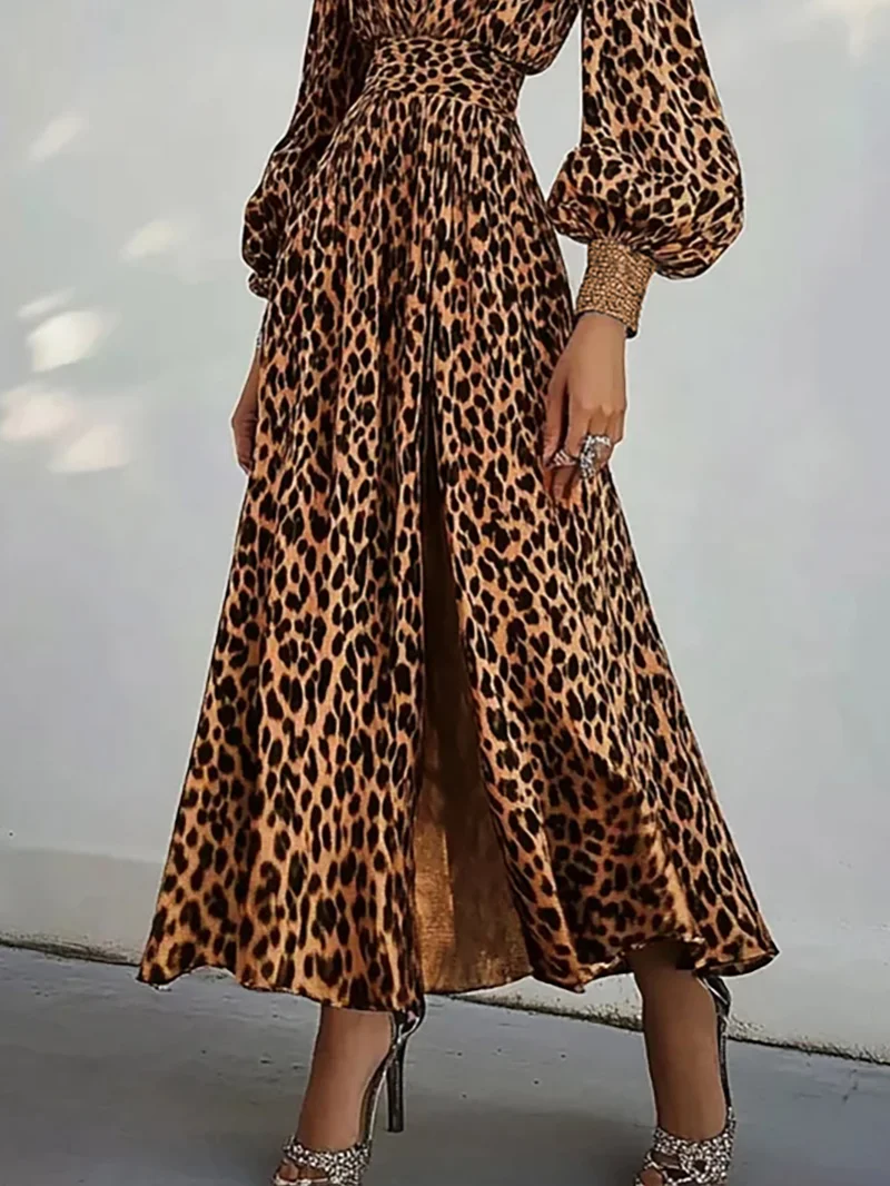 Brown Leopard Glitter V Neck Balloon Sleeve A-Line Maxi Dress