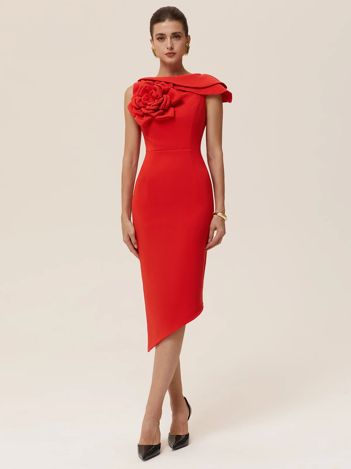 Red 3D Folds Boat Neck Sheath Midi Dress