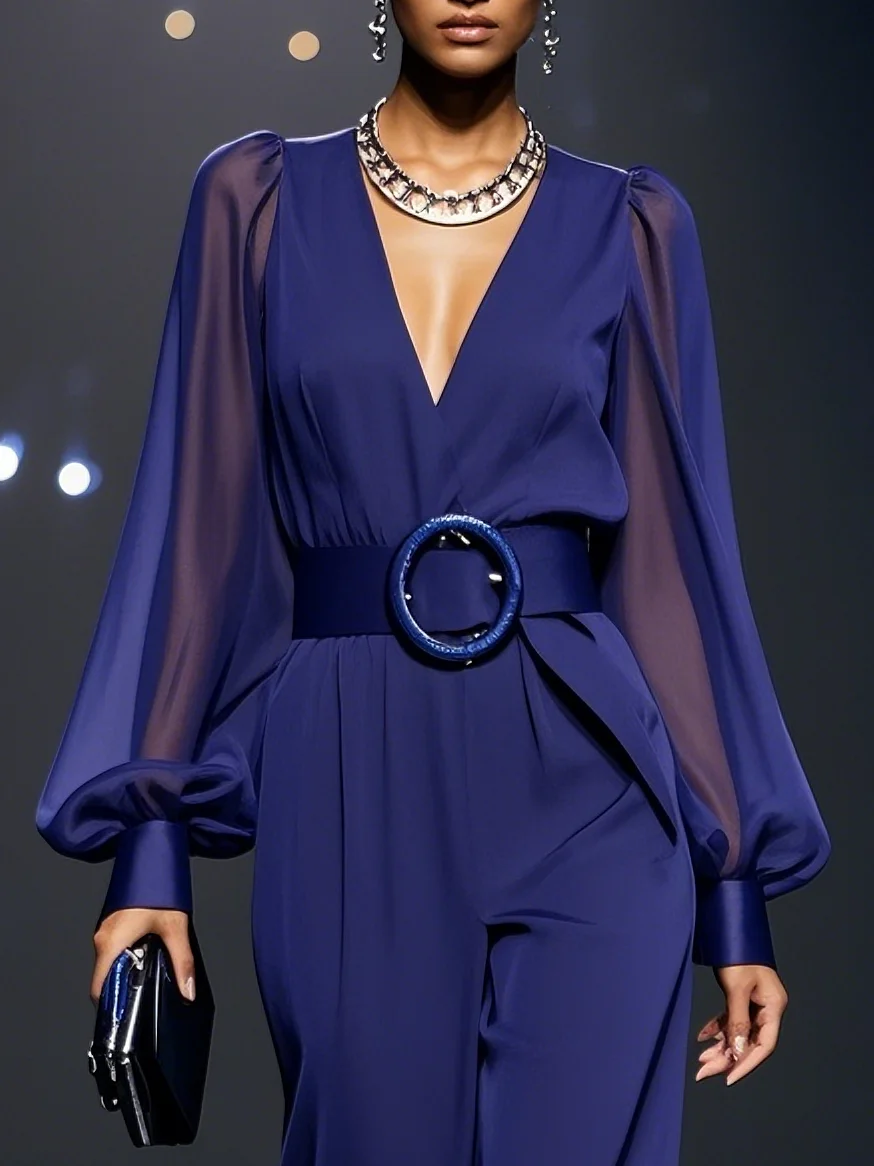 Dark Blue V Neck Balloon Sleeve Chiffon Jumpsuit