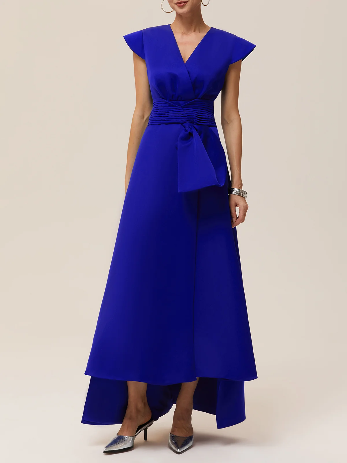 Dark Blue Ruched Bow Satin V Neck Cap Sleeve A-Line Maxi Dress