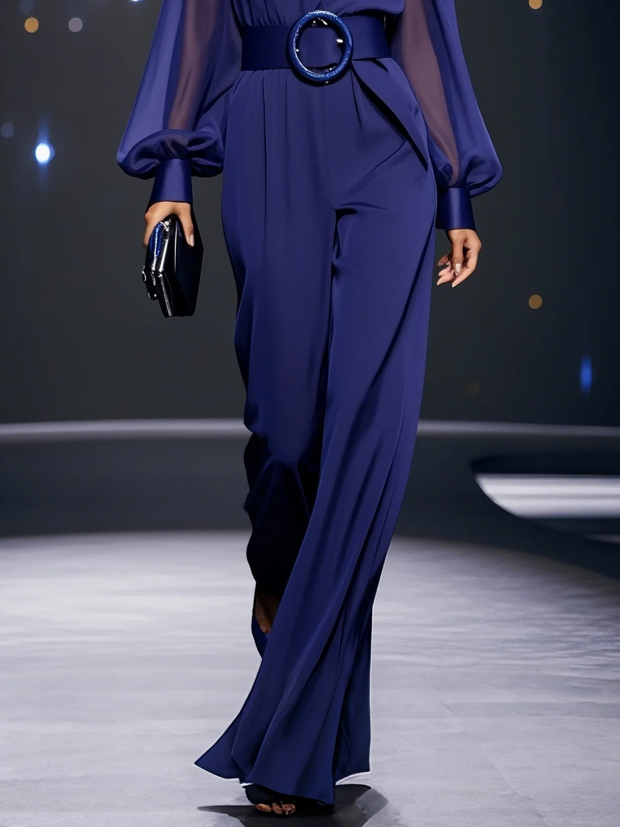 Dark Blue V Neck Balloon Sleeve Chiffon Jumpsuit