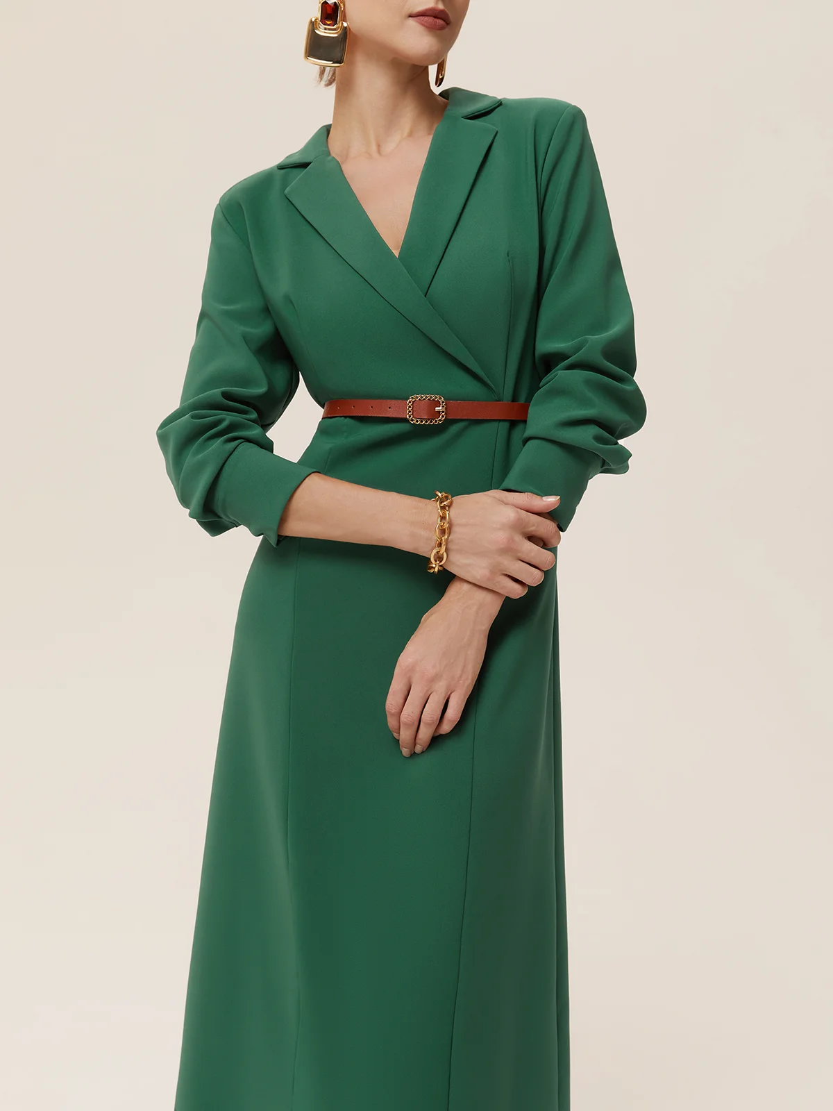 Green Blazer Lapel Collar Long Sleeve Sheath Midi Dress