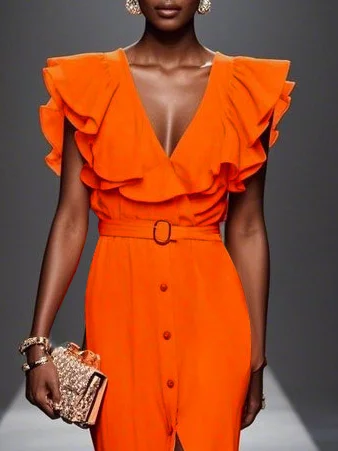 Orange Ruffle Sleeve V Neck A-Line Maxi Dress