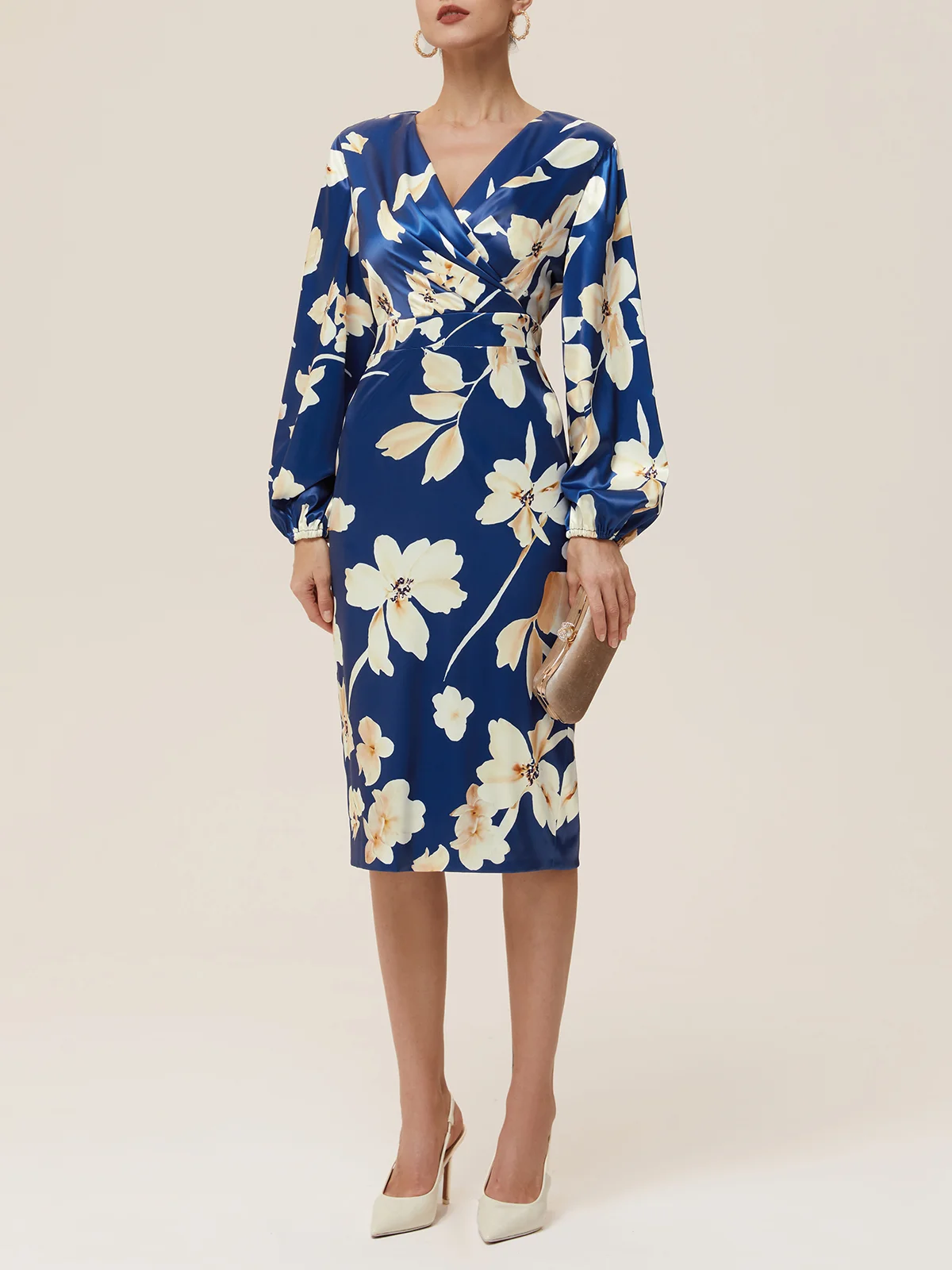 Blue Ruched Floral Balloon Sleeve Sheath Midi Satin Dress